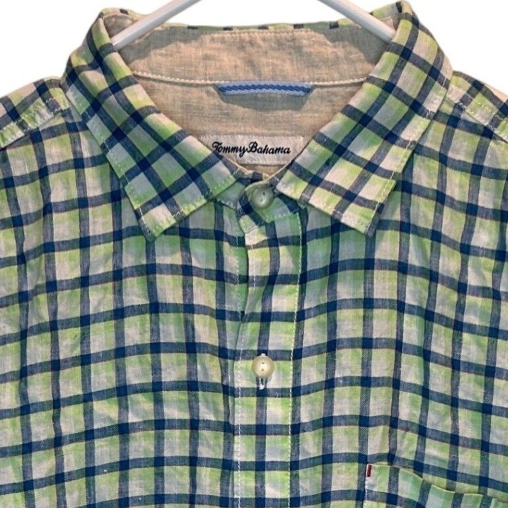 Tommy Bahama Linen Shirt Large Mens Green Blue Plaid Short Sleeve Button Down